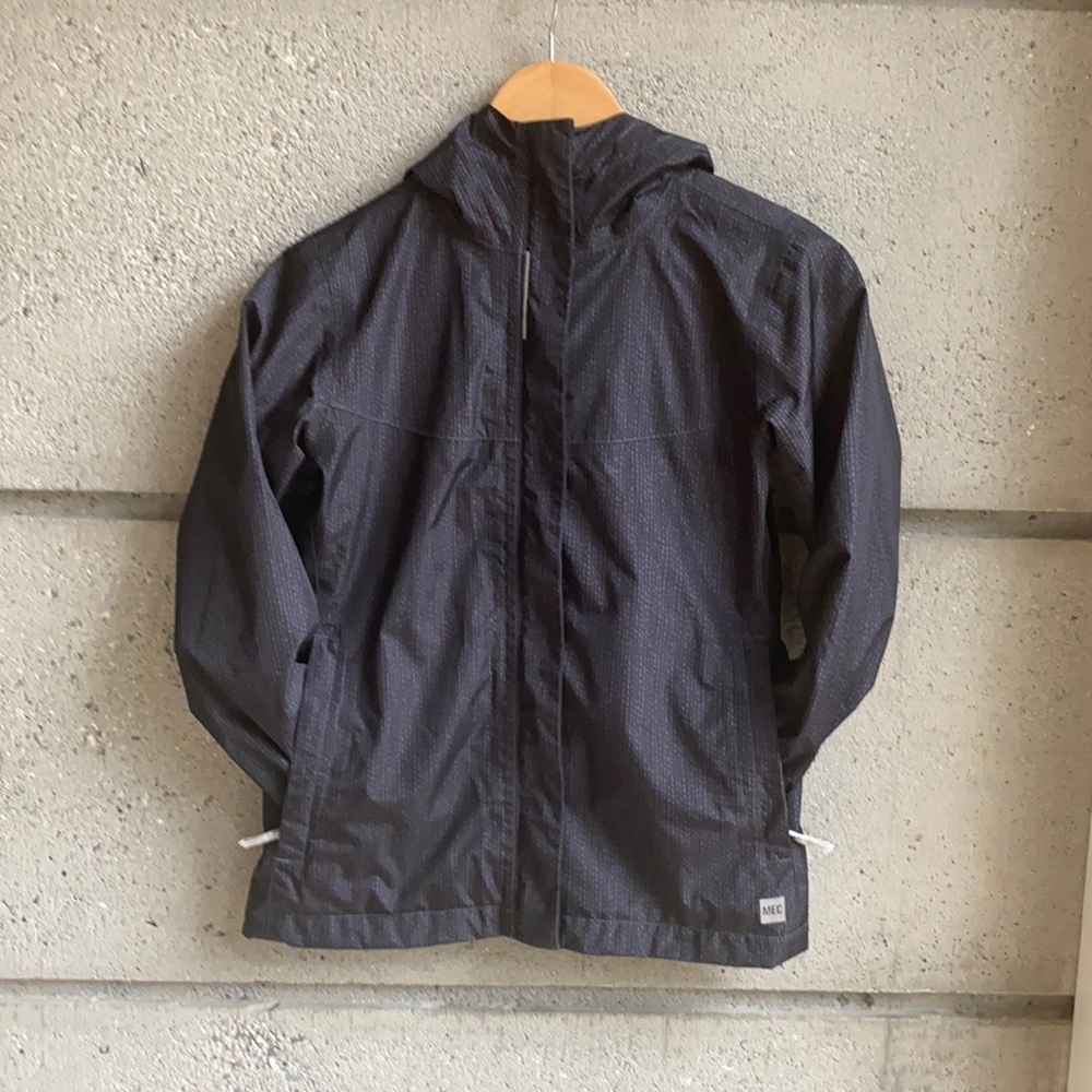 MEC Rain Jacket Black with Gray detail and fleece lining